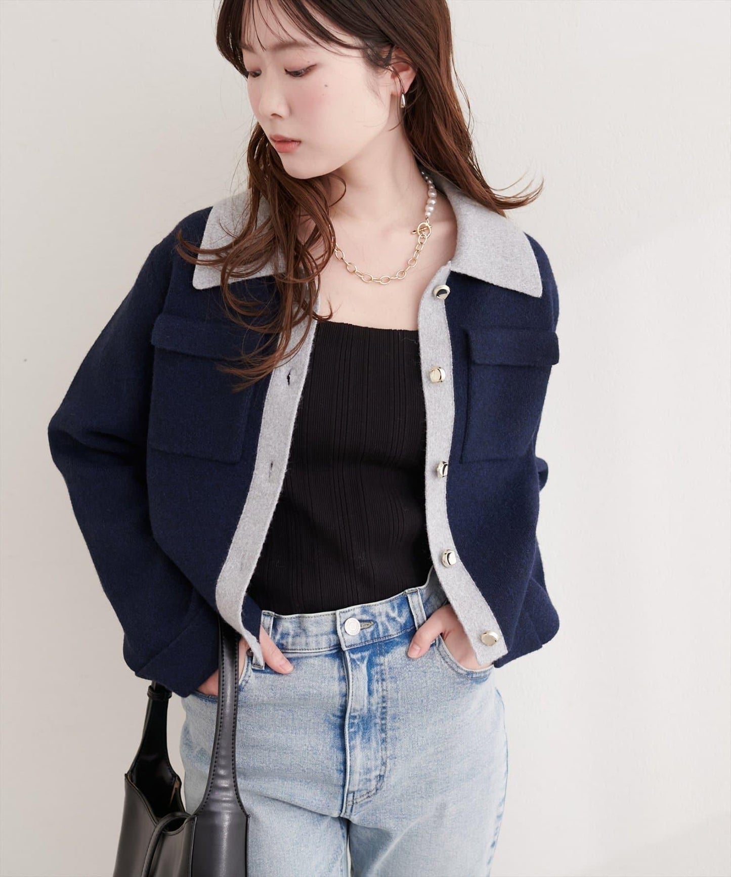 配色領設計 針織開衫