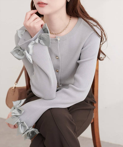 袖口蝴蝶結羅紋針織開衫