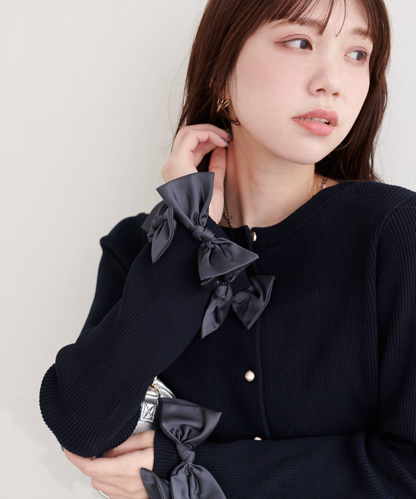 袖口蝴蝶結羅紋針織開衫