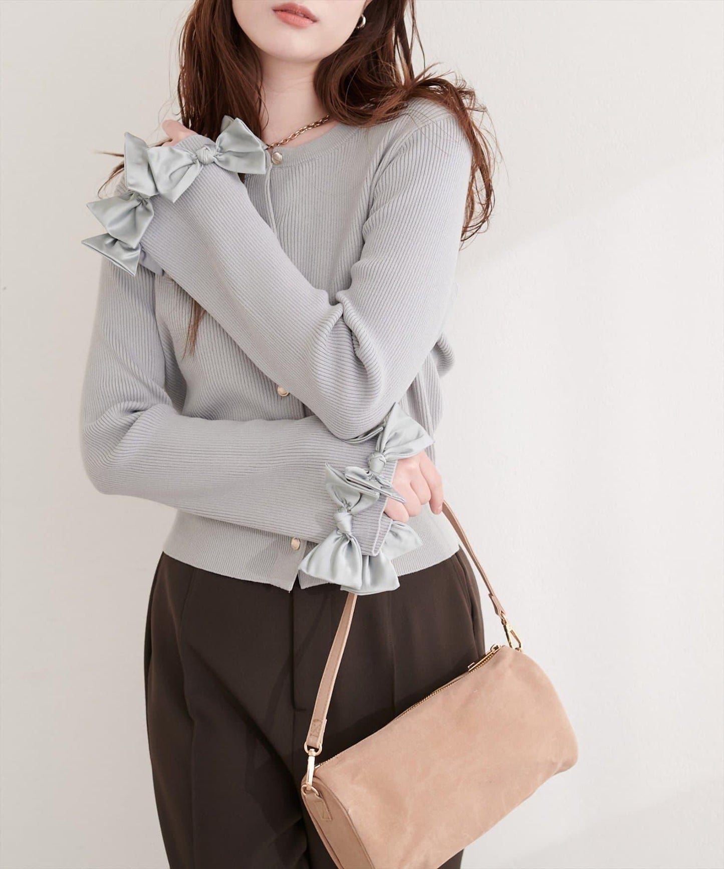 袖口蝴蝶結羅紋針織開衫