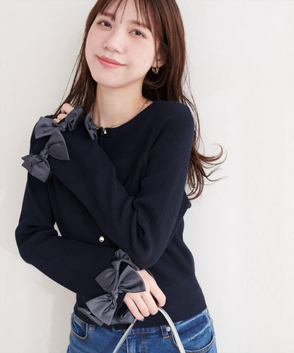 袖口蝴蝶結羅紋針織開衫