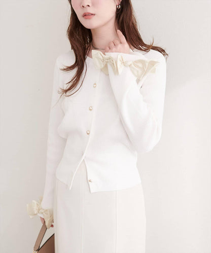 袖口蝴蝶結羅紋針織開衫