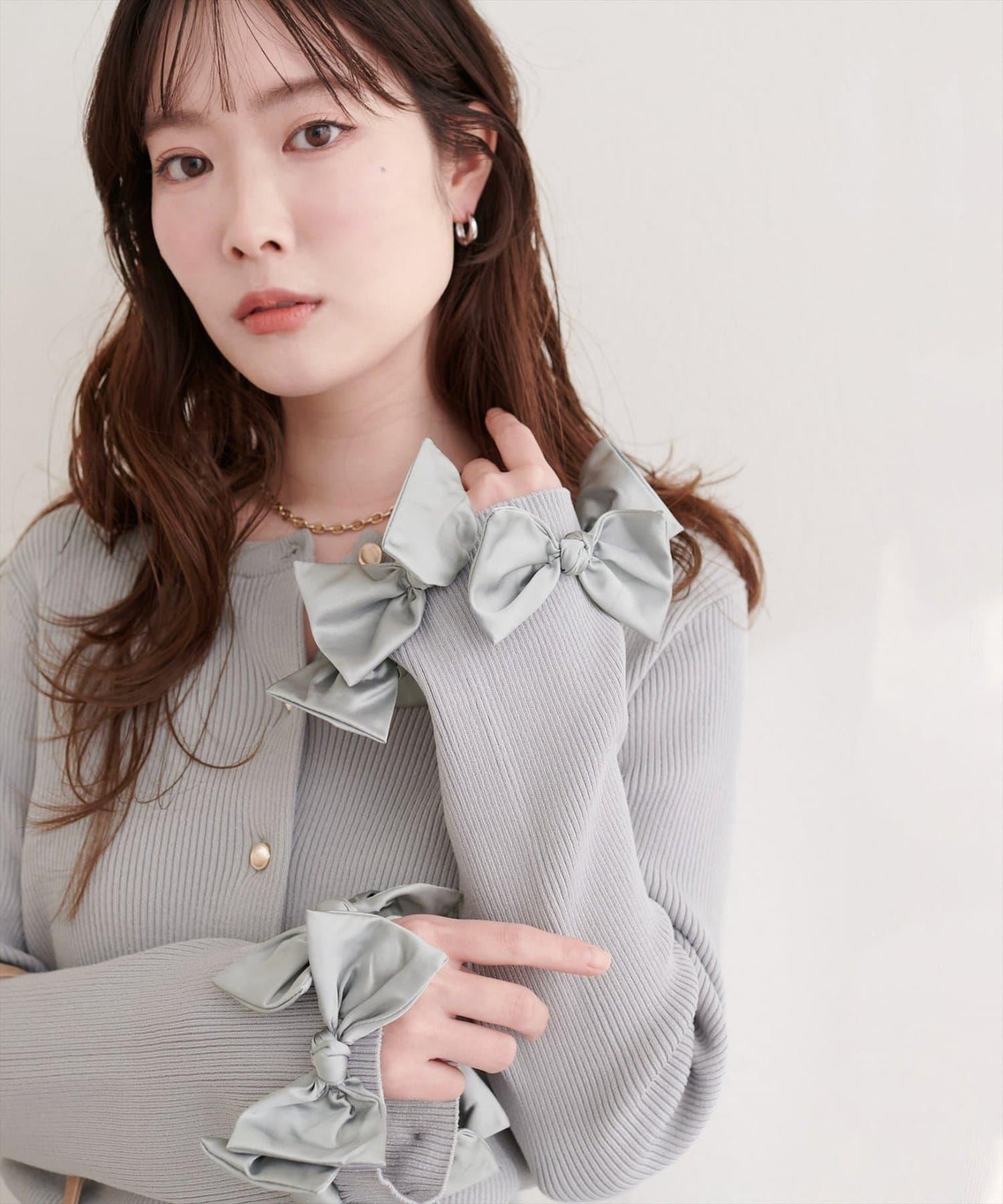 袖口蝴蝶結羅紋針織開衫