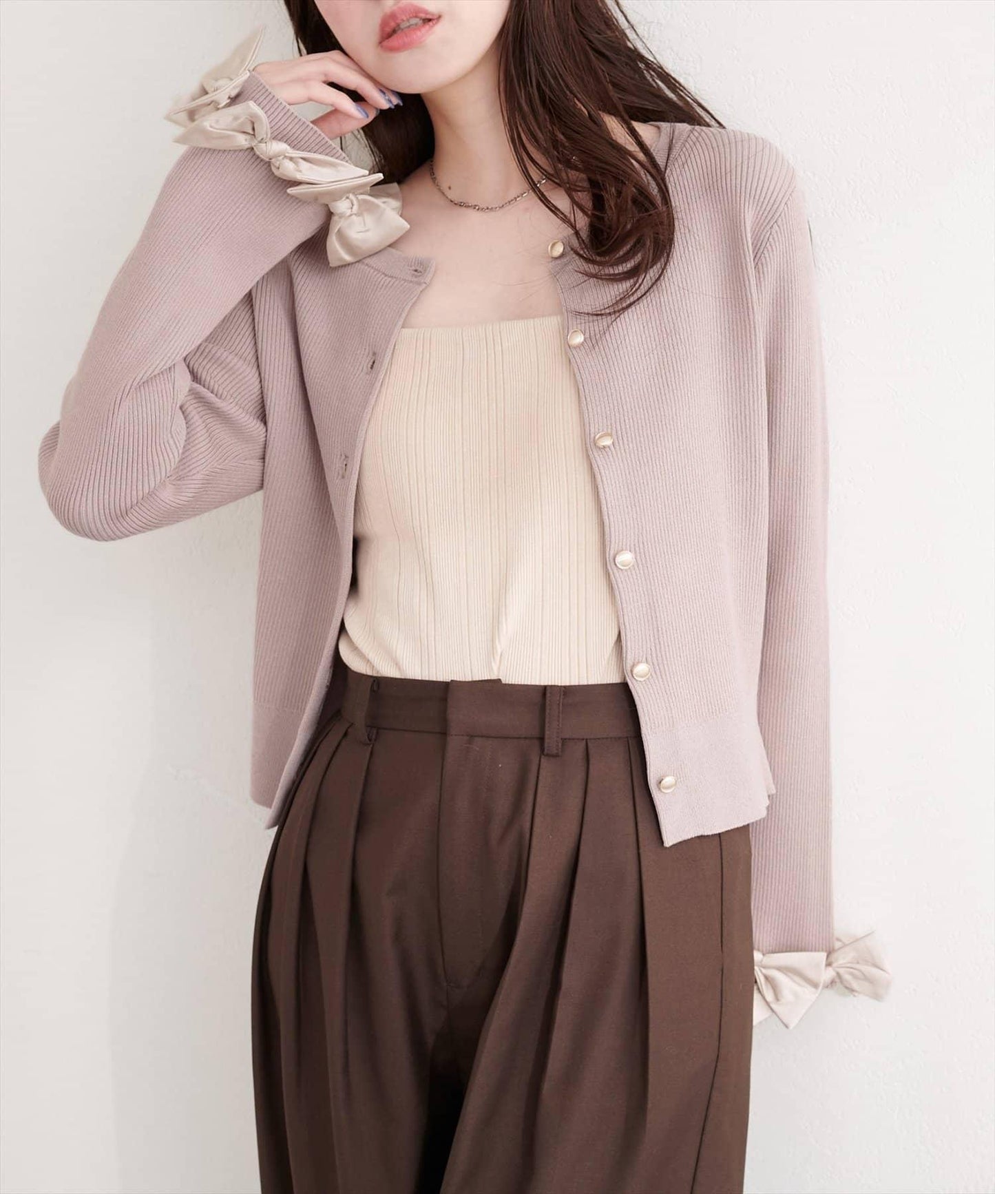 袖口蝴蝶結羅紋針織開衫