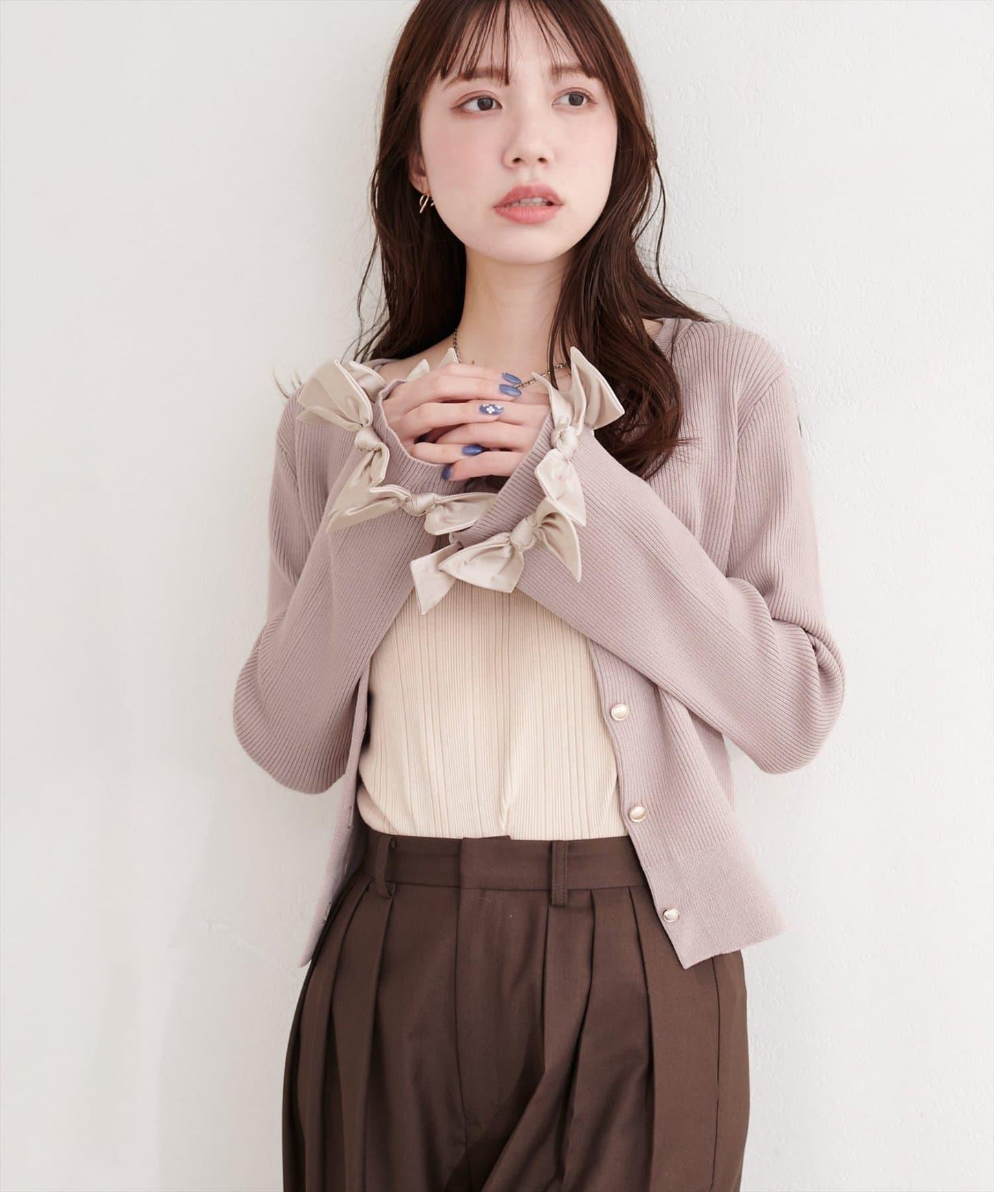 袖口蝴蝶結羅紋針織開衫