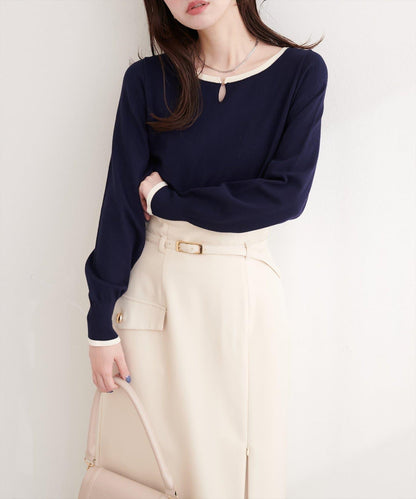 拼色條形扣設計 針織上衣