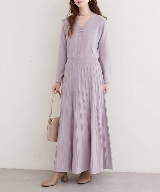 波浪邊百褶針織連衣裙