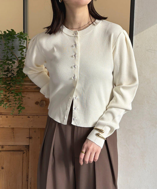 透明紐扣 肩部褶皺 針織開衫