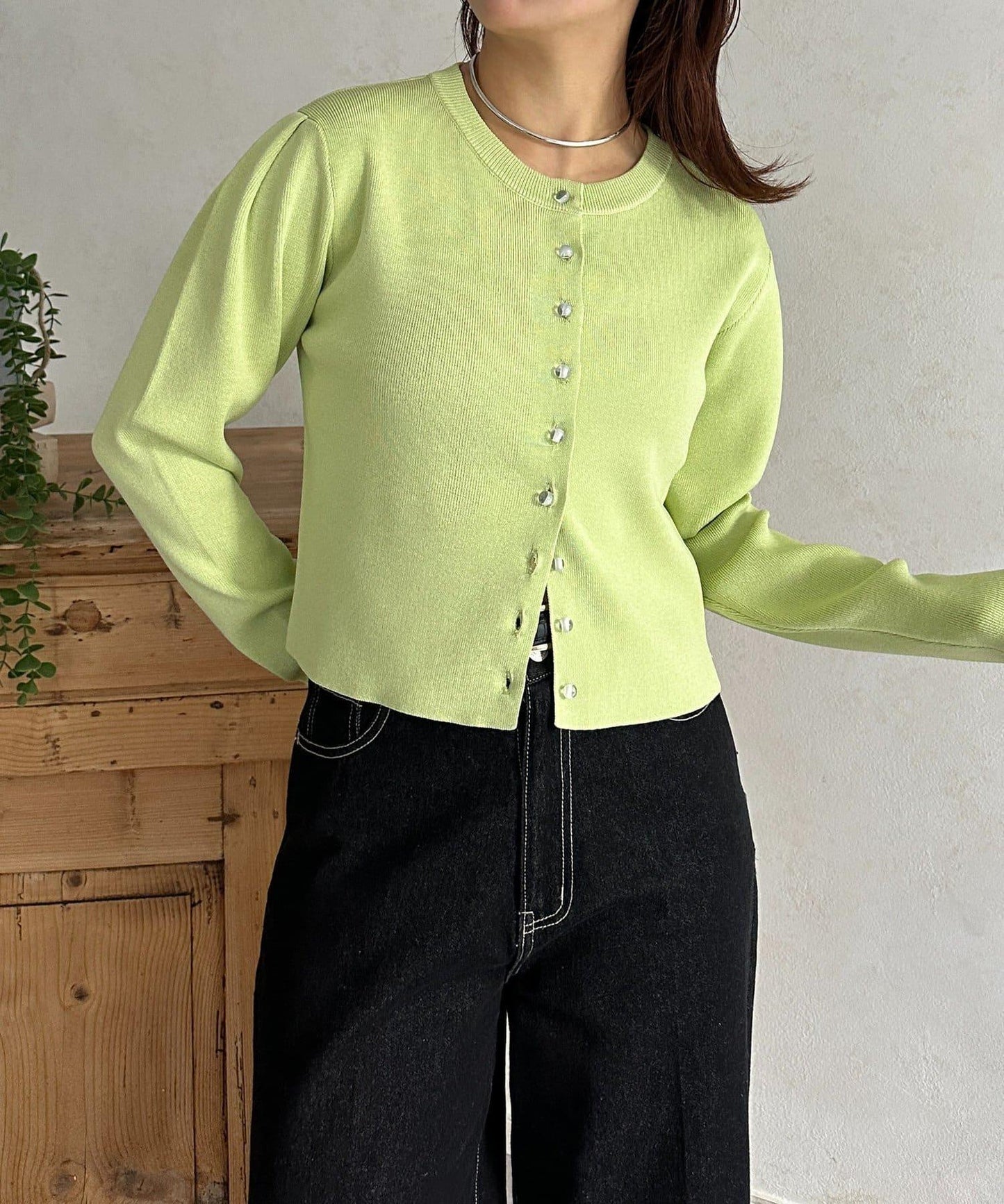 透明紐扣 肩部褶皺 針織開衫