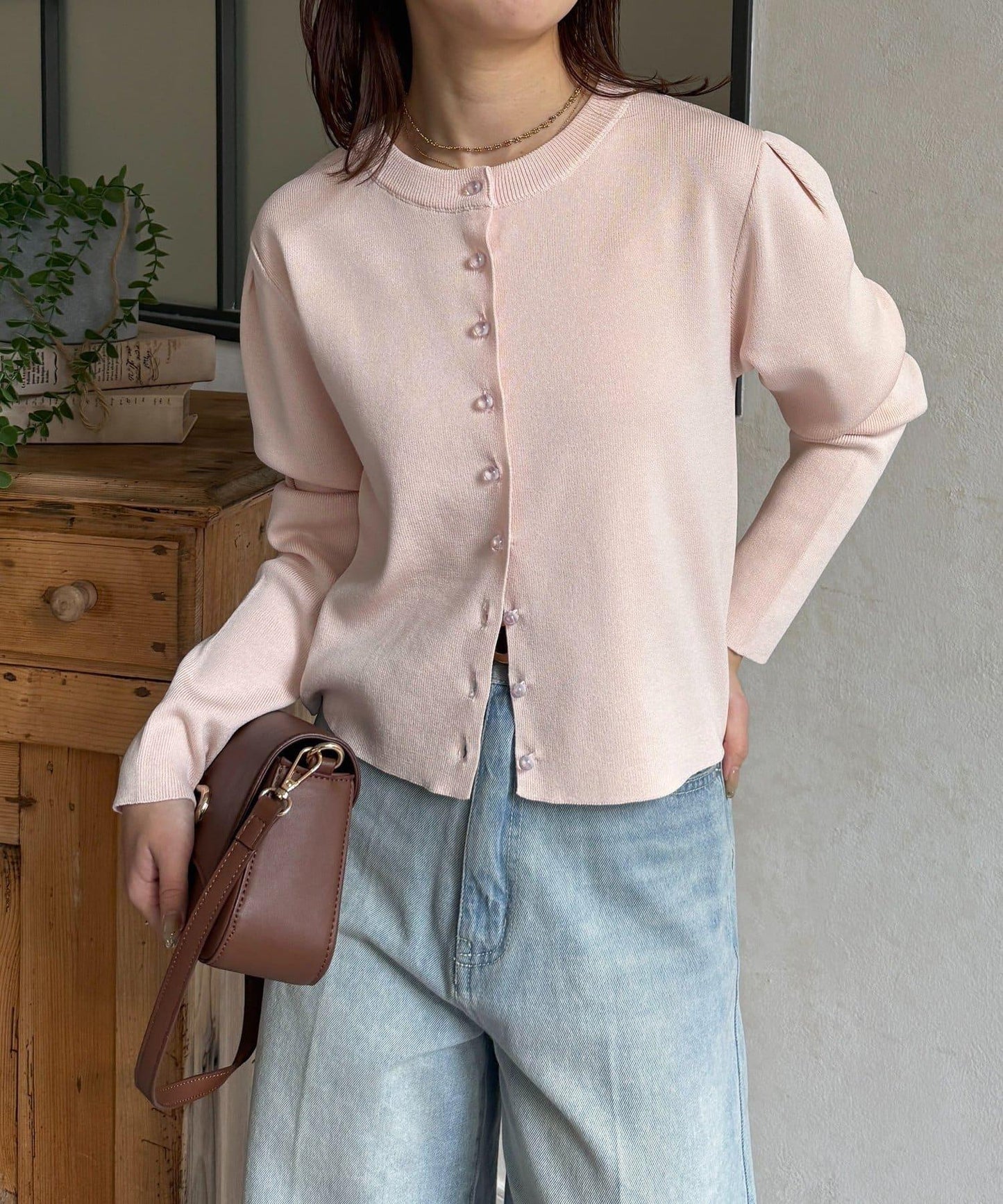 透明紐扣 肩部褶皺 針織開衫