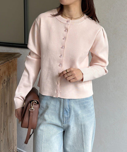 透明紐扣 肩部褶皺 針織開衫