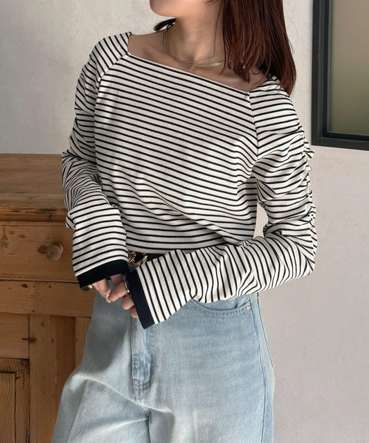 方領泡泡袖羅紋套頭上衣