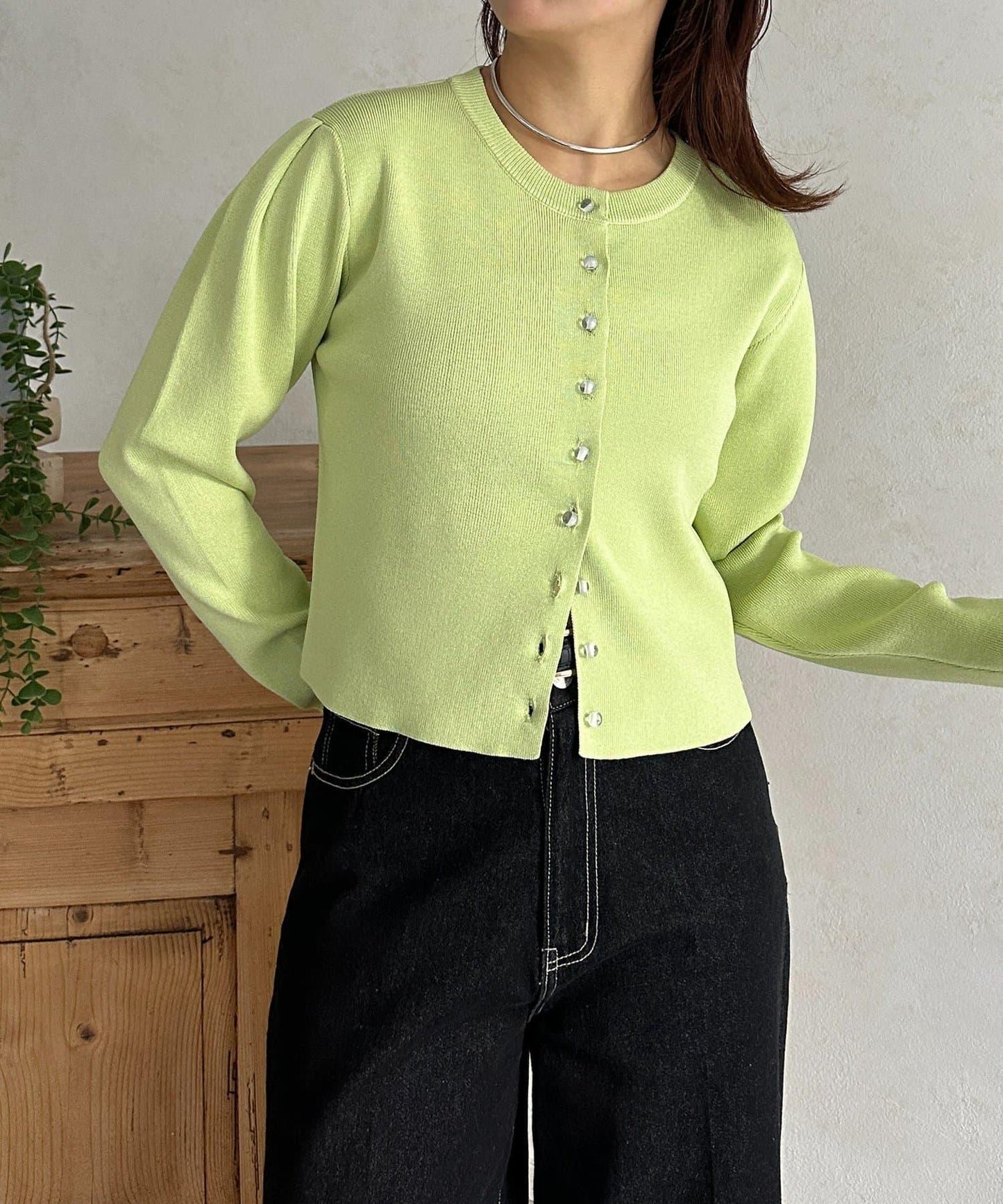 透明紐扣 肩部褶皺 針織開衫