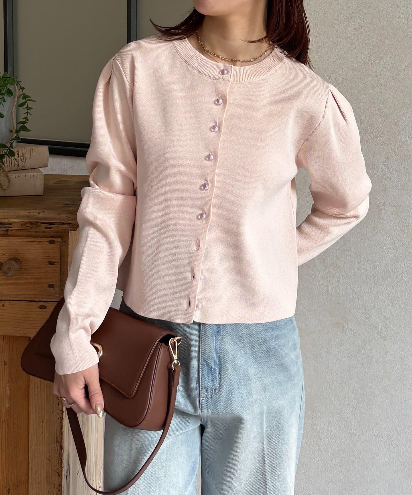 透明紐扣 肩部褶皺 針織開衫