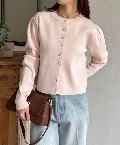 透明紐扣 肩部褶皺 針織開衫