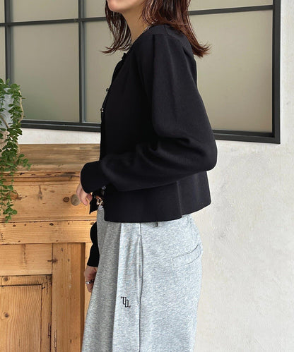 透明紐扣 肩部褶皺 針織開衫