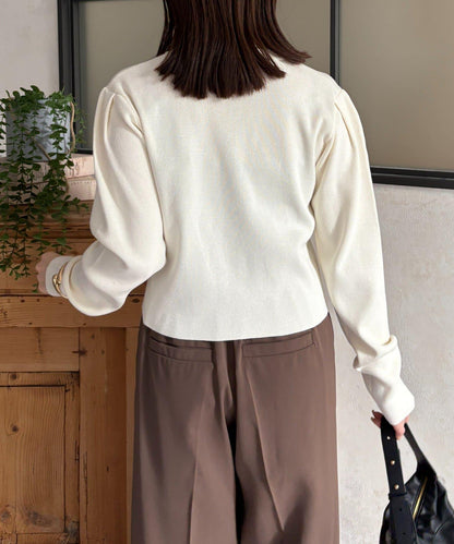 透明紐扣 肩部褶皺 針織開衫