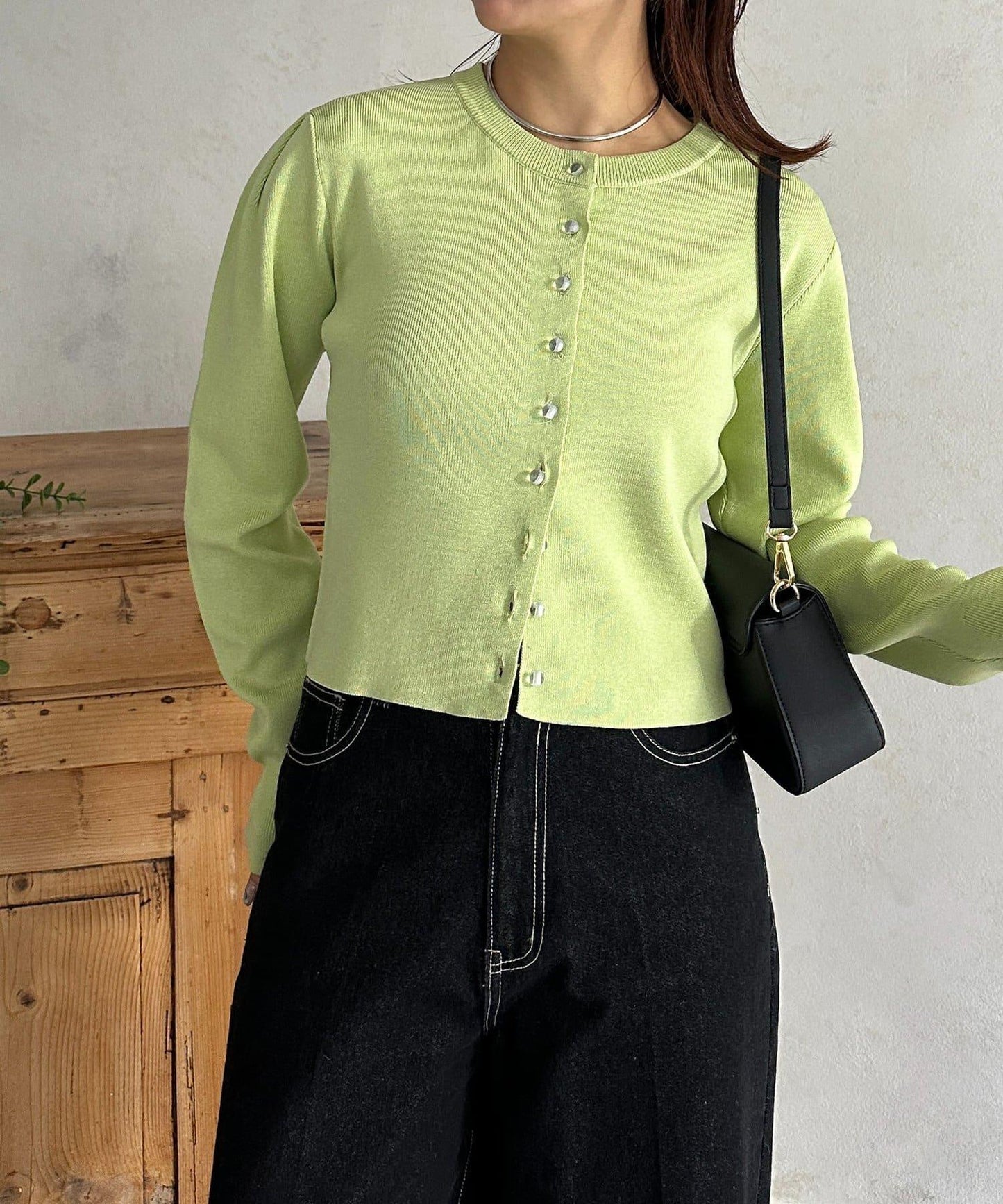 透明紐扣 肩部褶皺 針織開衫