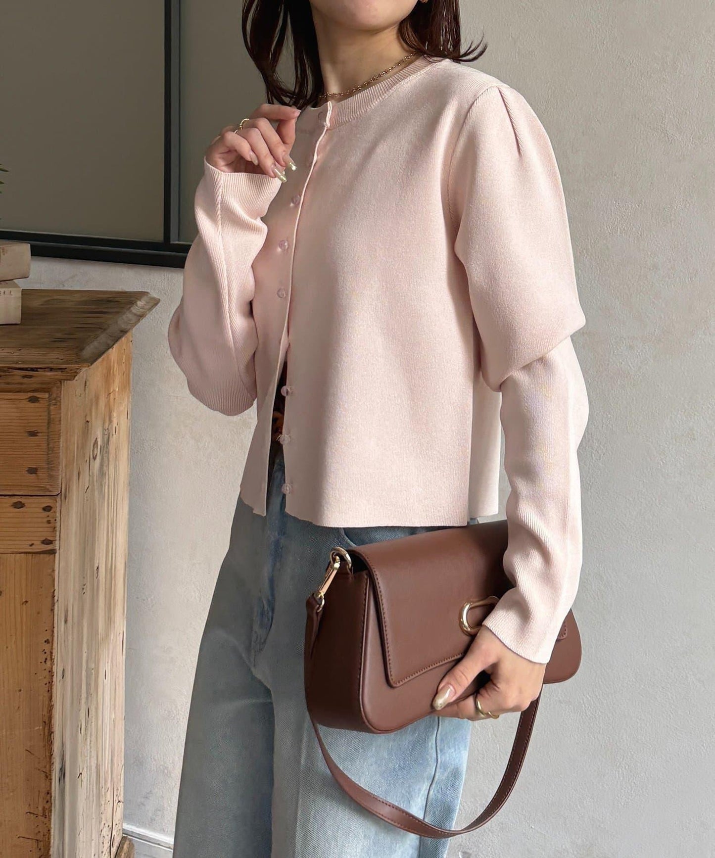 透明紐扣 肩部褶皺 針織開衫