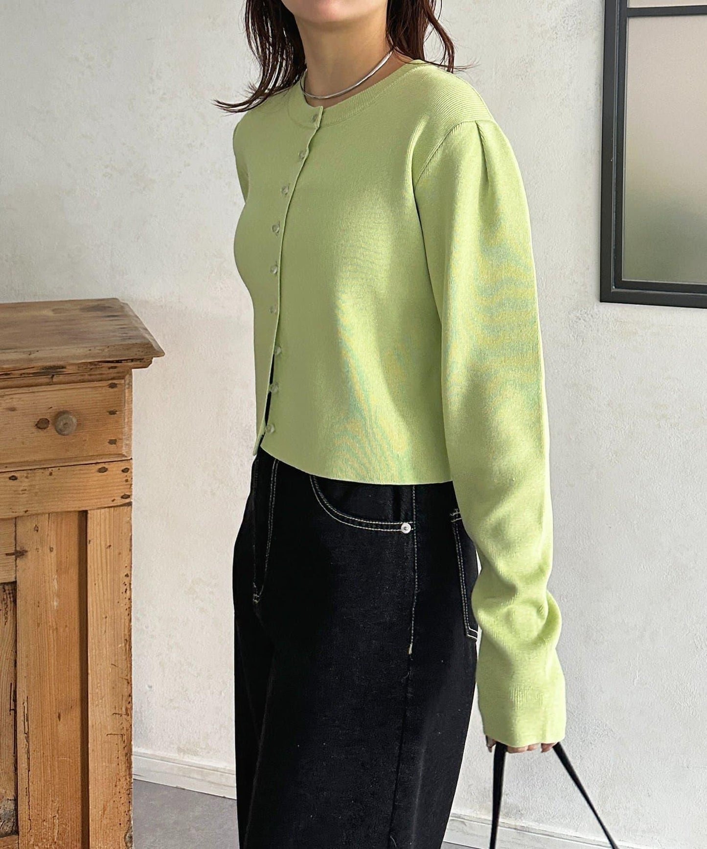 透明紐扣 肩部褶皺 針織開衫