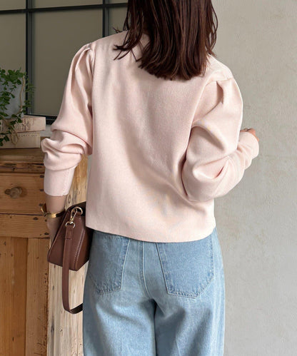 透明紐扣 肩部褶皺 針織開衫