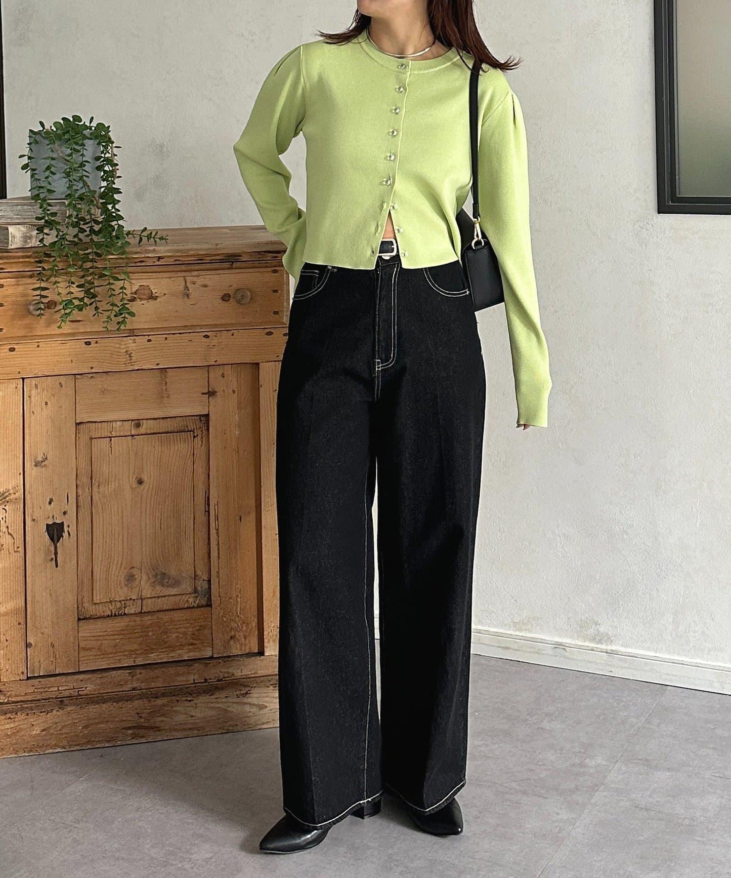 透明紐扣 肩部褶皺 針織開衫