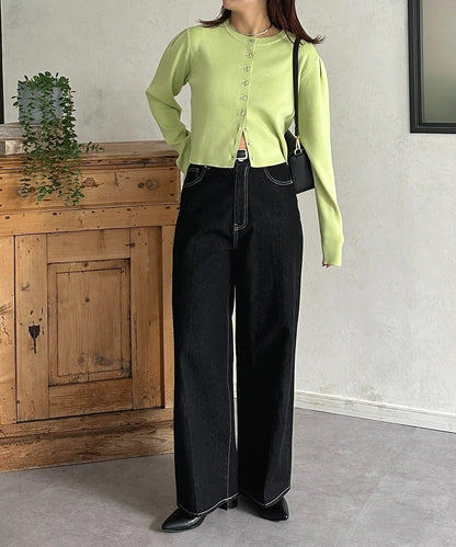 透明紐扣 肩部褶皺 針織開衫