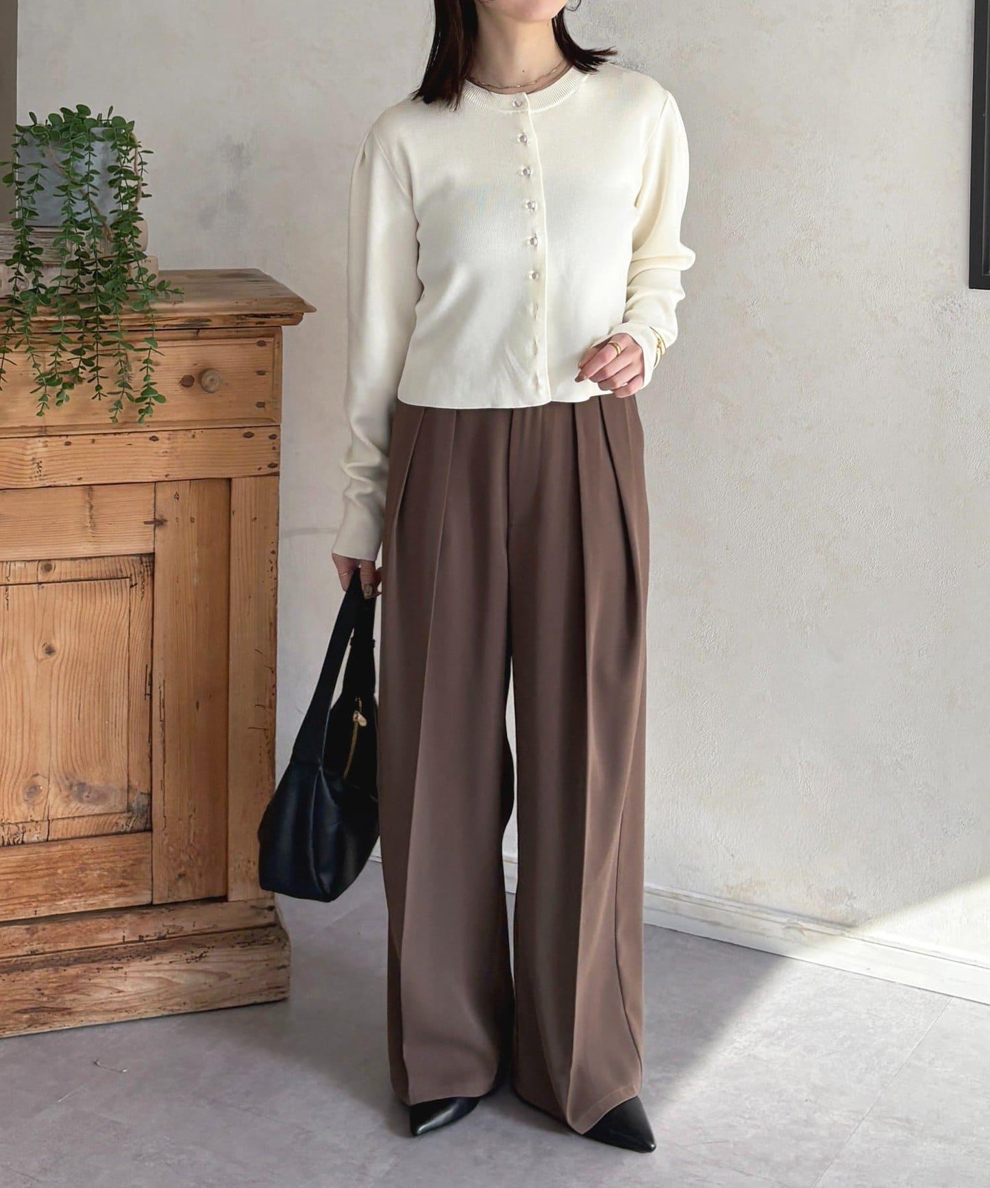 透明紐扣 肩部褶皺 針織開衫