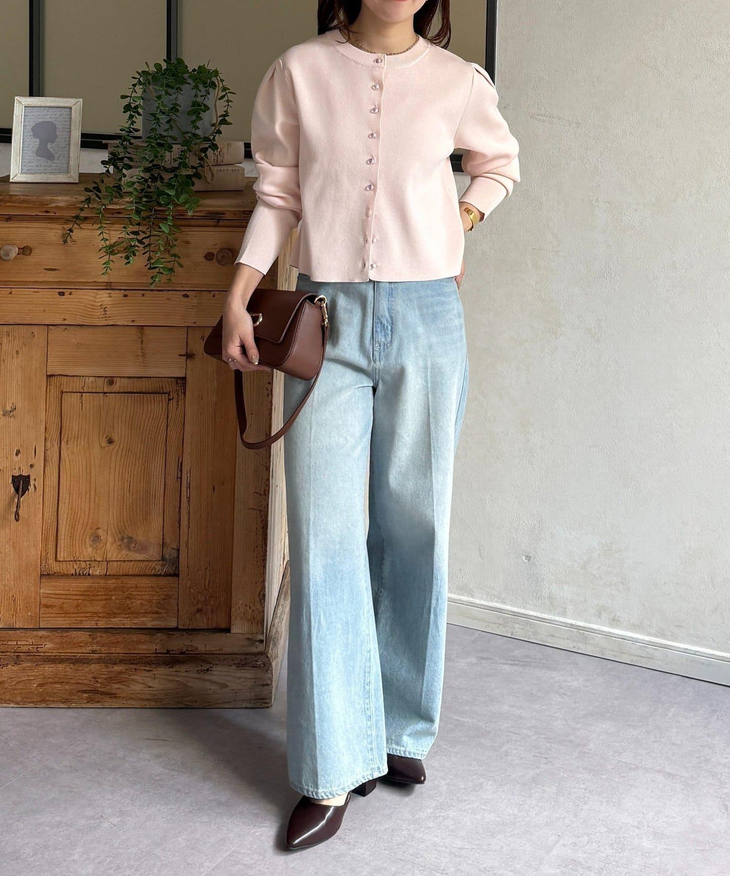 透明紐扣 肩部褶皺 針織開衫