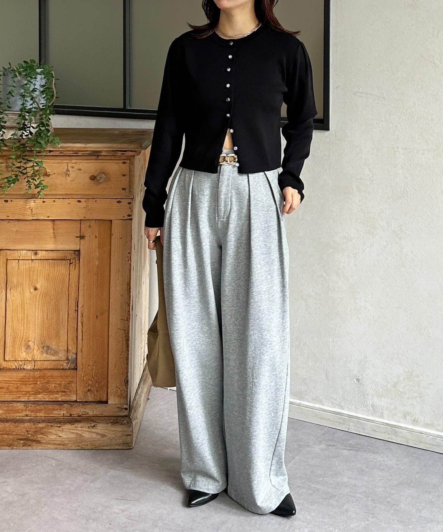 透明紐扣 肩部褶皺 針織開衫