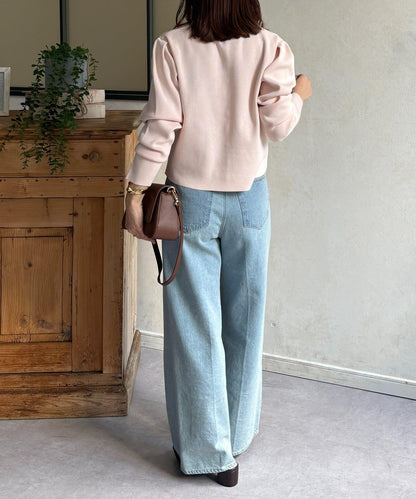 透明紐扣 肩部褶皺 針織開衫