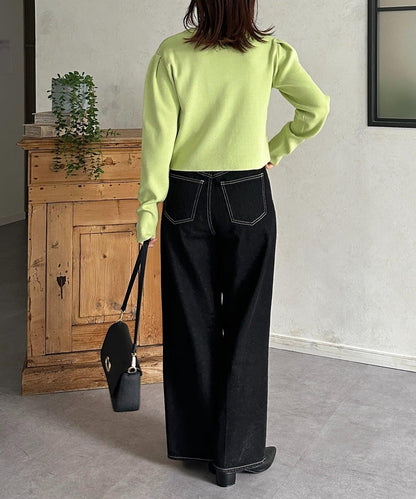 透明紐扣 肩部褶皺 針織開衫