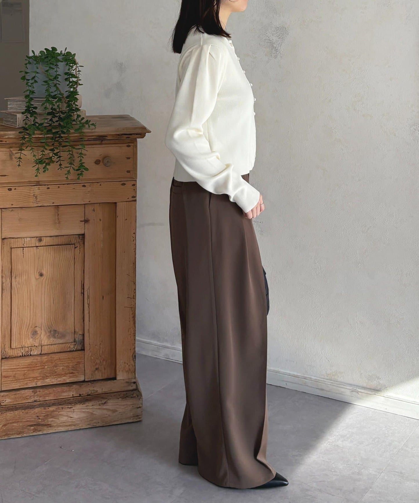 透明紐扣 肩部褶皺 針織開衫