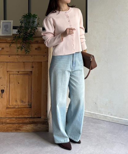 透明紐扣 肩部褶皺 針織開衫