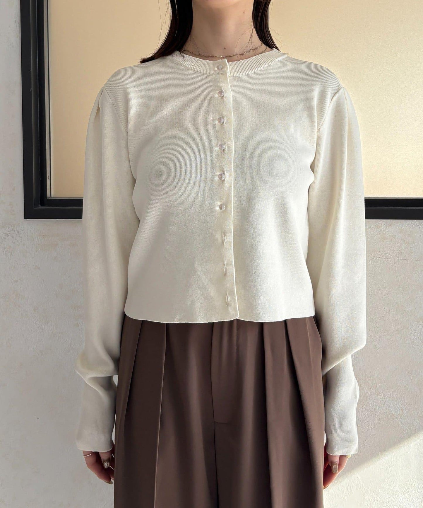 透明紐扣 肩部褶皺 針織開衫