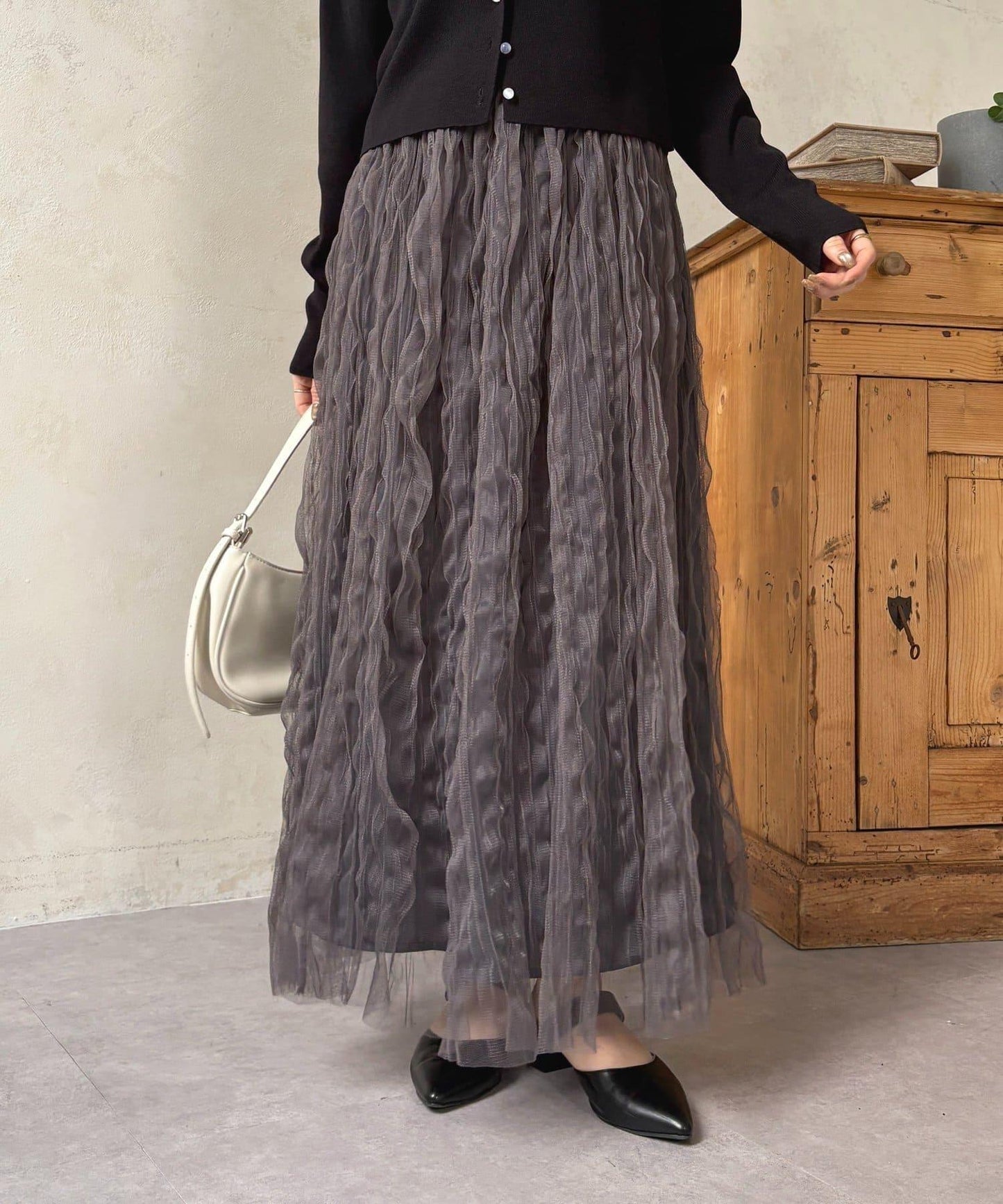 波浪皺感透紗半身裙