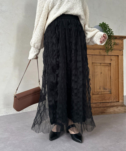 波浪皺感透紗半身裙