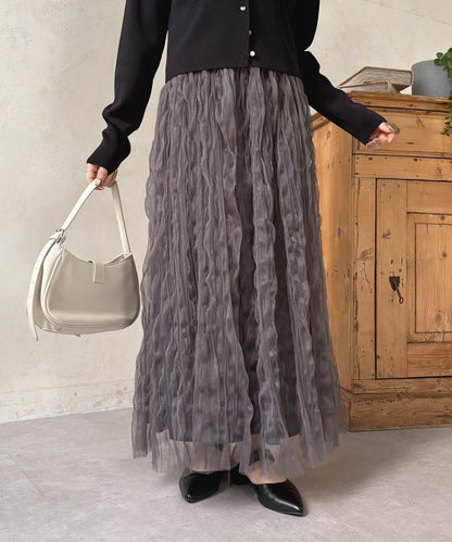 波浪皺感透紗半身裙