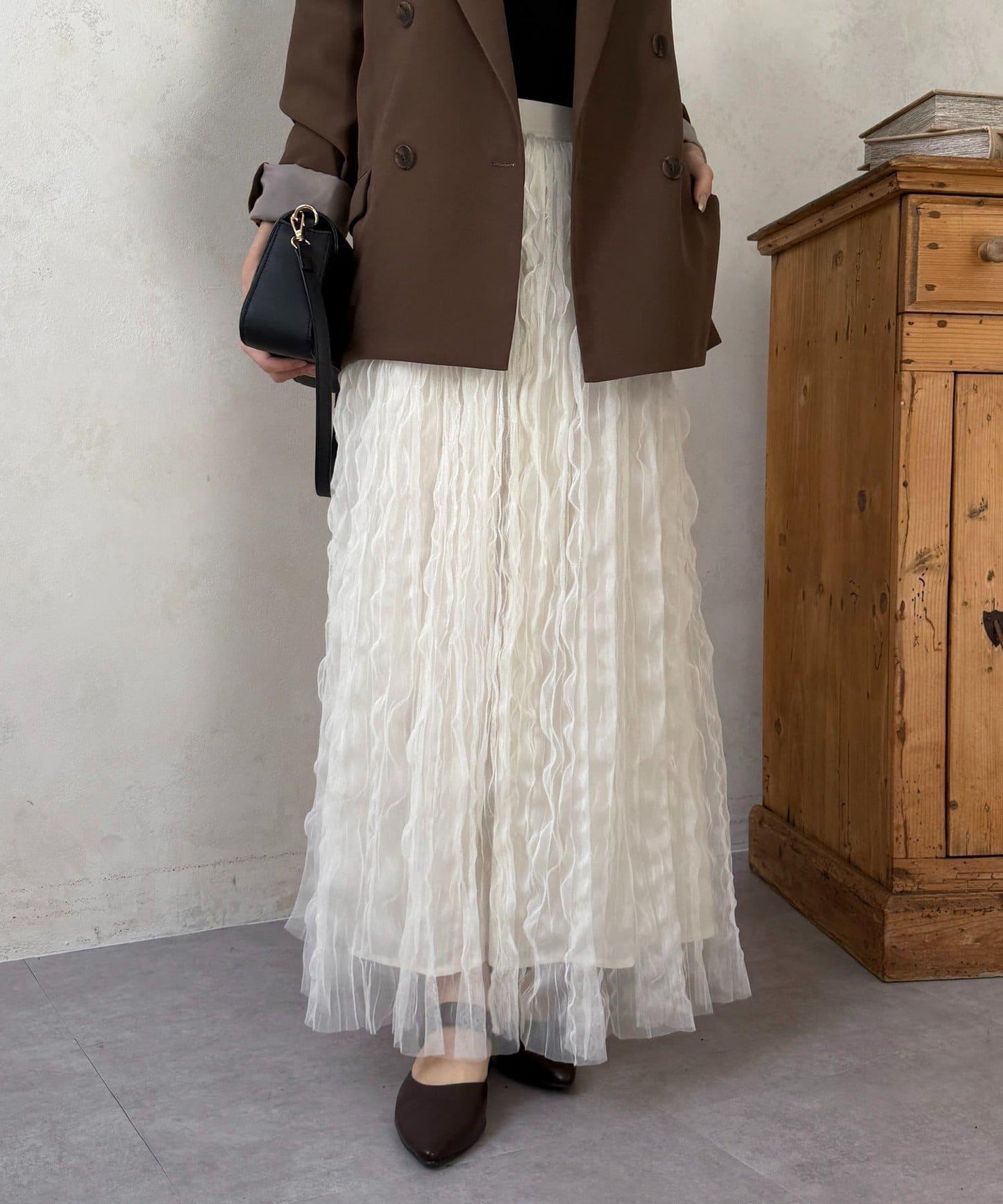 波浪皺感透紗半身裙