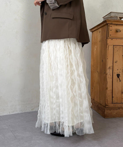 波浪皺感透紗半身裙