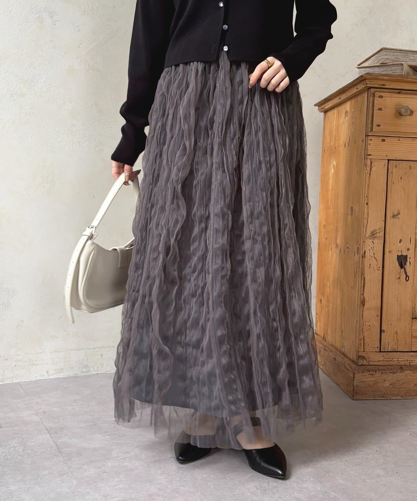 波浪皺感透紗半身裙