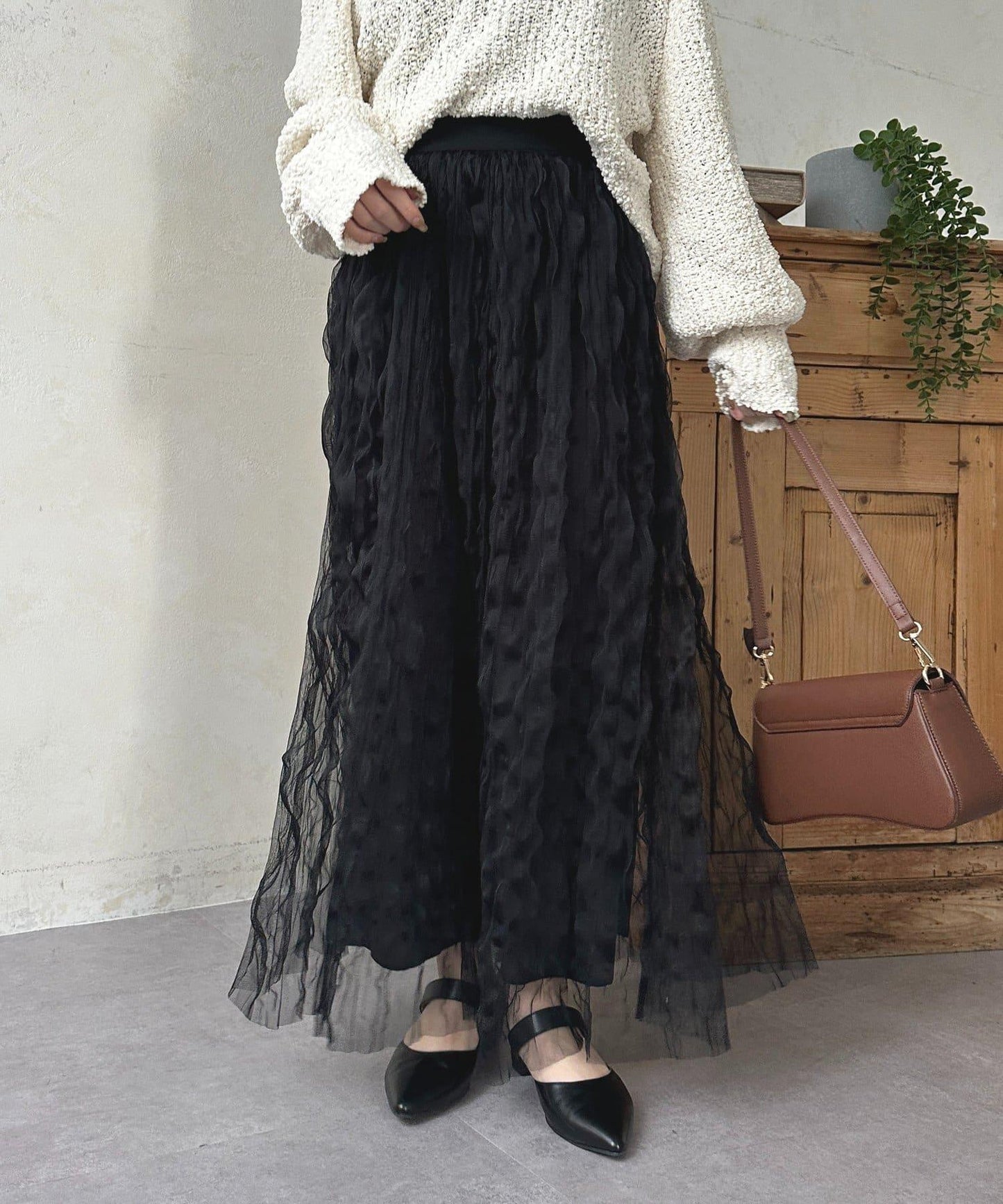 波浪皺感透紗半身裙