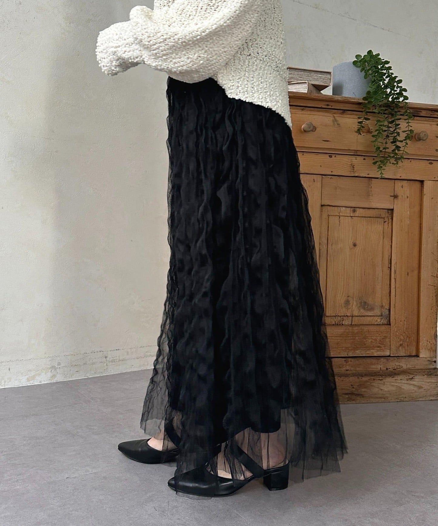 波浪皺感透紗半身裙