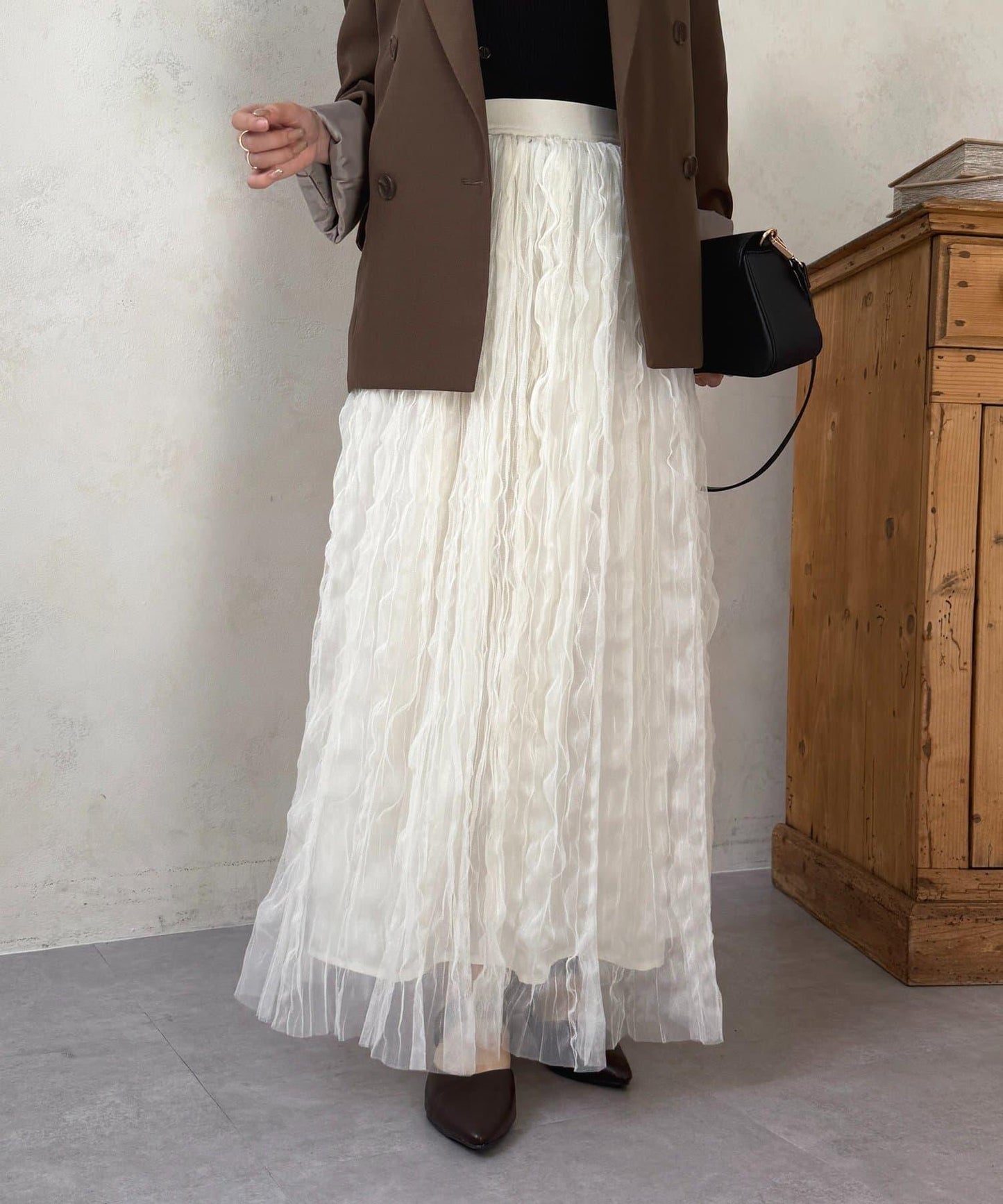 波浪皺感透紗半身裙