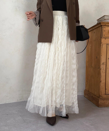 波浪皺感透紗半身裙