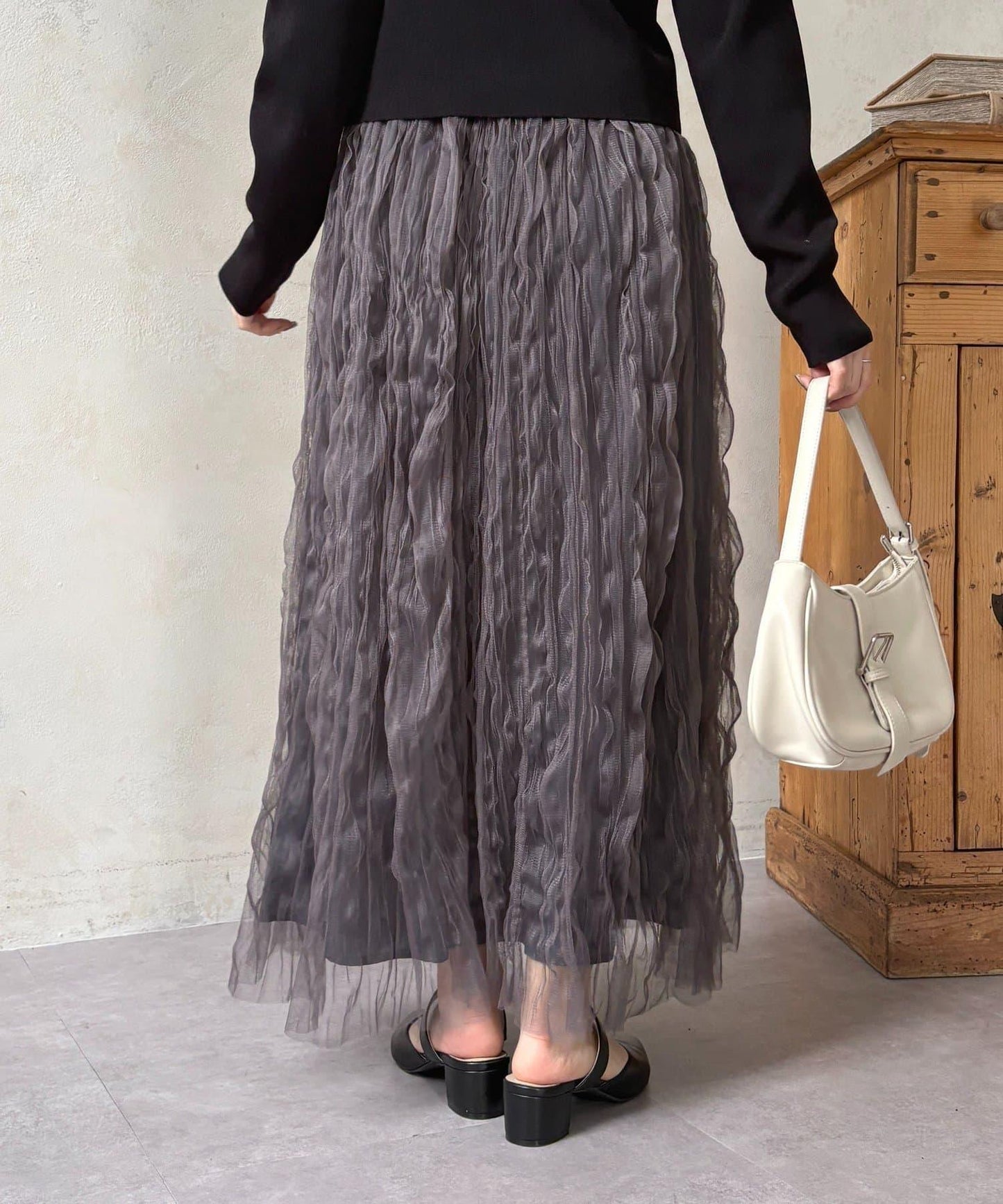 波浪皺感透紗半身裙