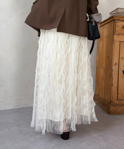 波浪皺感透紗半身裙