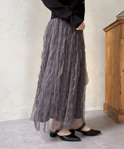 波浪皺感透紗半身裙