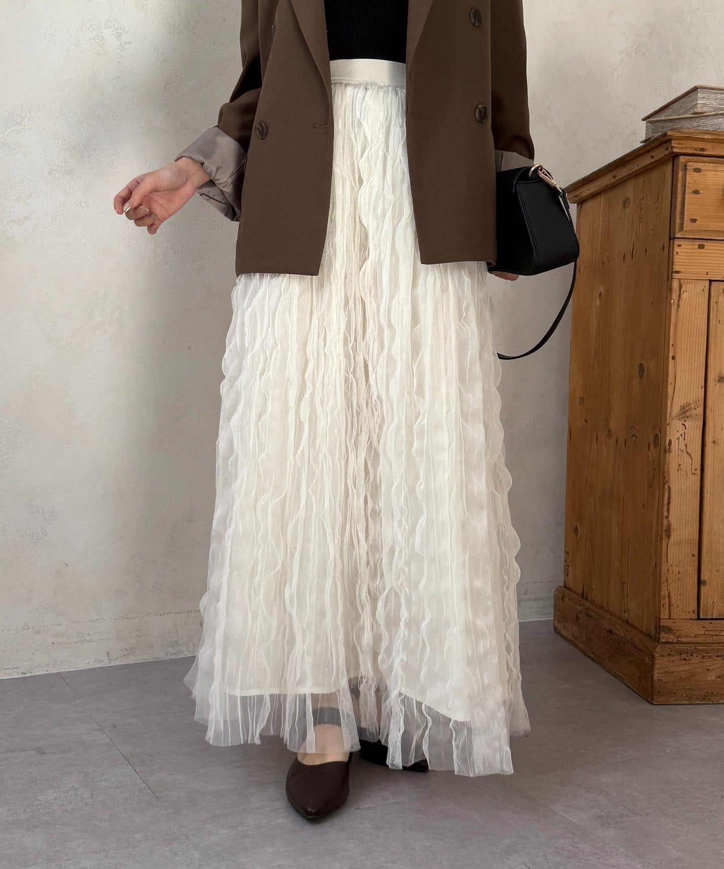 波浪皺感透紗半身裙