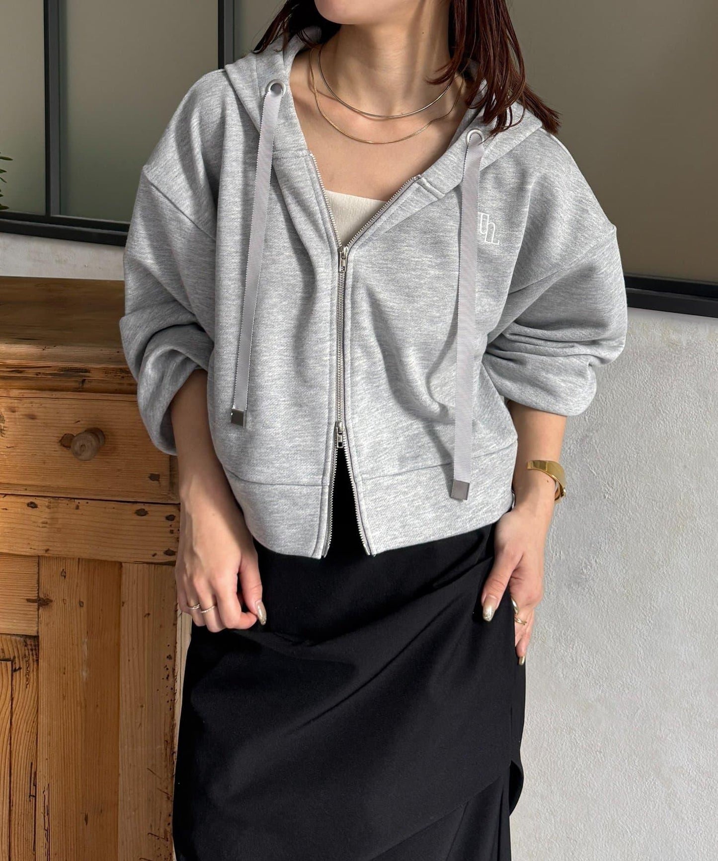 雙拉鍊毛圈短款連帽衛衣